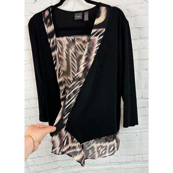 CHICO'S TRAVELERS black beige animal print knit open front cardigan sweater 1 M - Picture 2 of 7